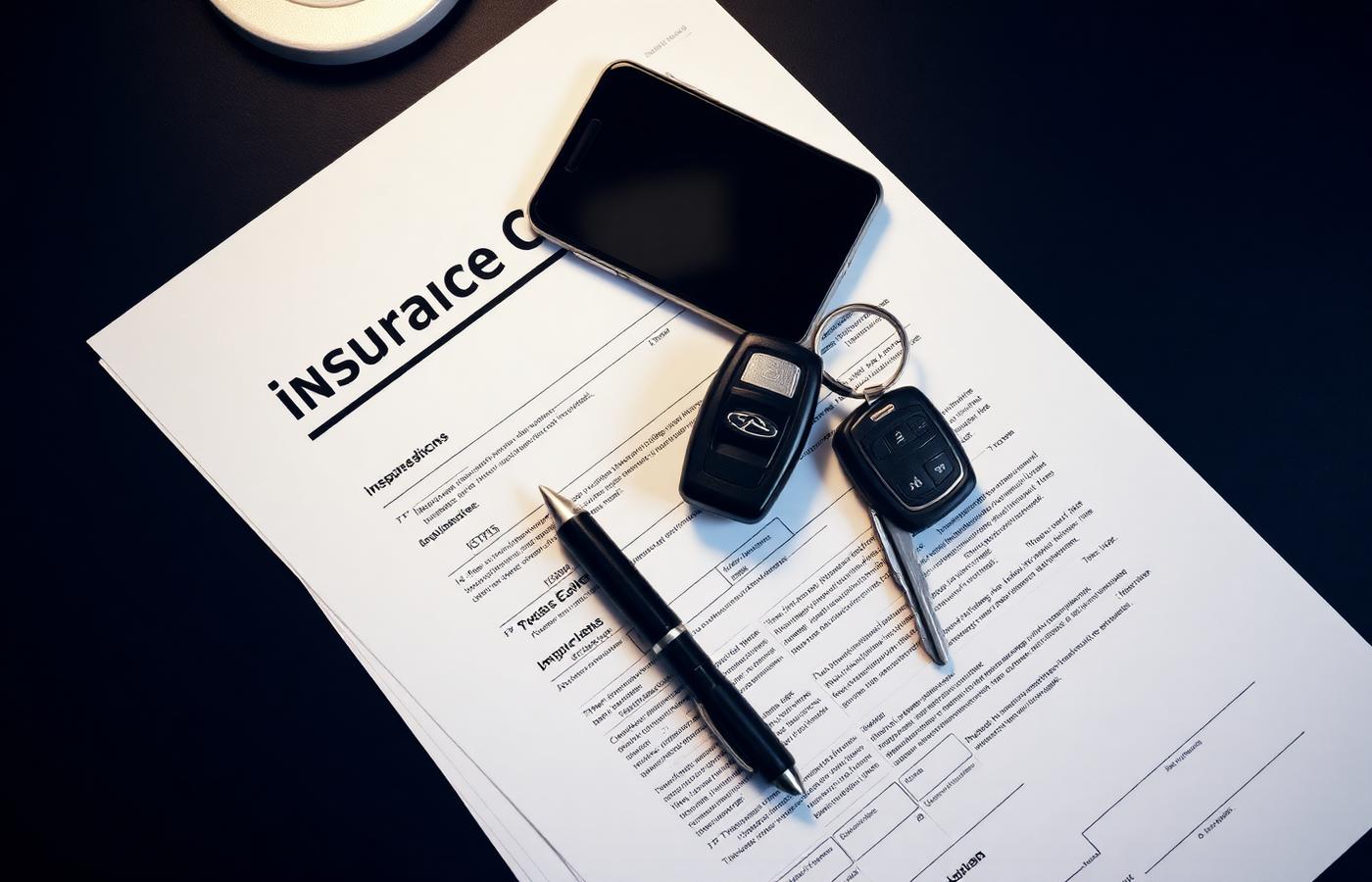 Claim documents, car keys and a phone laid out on a desk